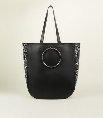 Black Faux Snake Panel Ring Front Tote