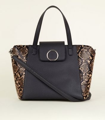 Black Faux Snakeskin Panel Mini Tote Bag