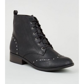 Black Leather-Look Studded Brogue Boots