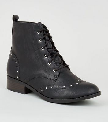 Black Leather-Look Studded Brogue Boots