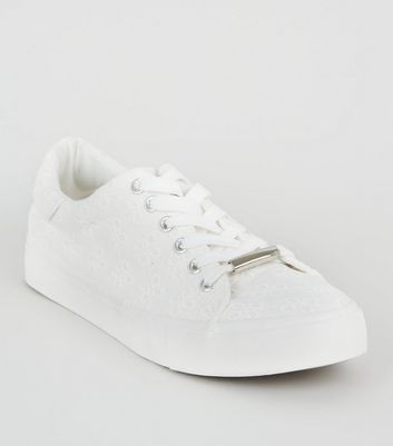 White Floral Embroidered Lace Up Trainers