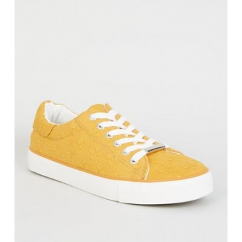 Mustard Floral Embroidered Lace Up Trainers