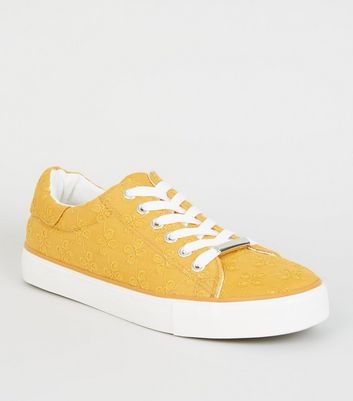 Mustard Floral Embroidered Lace Up Trainers