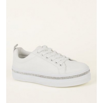 White Diamanté Trim Flatform Trainers