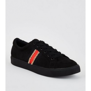 Black Side Stripe and Diamanté Lace Up Plimsolls