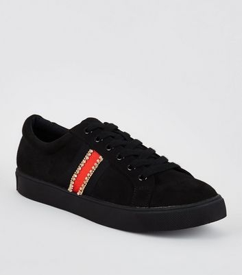 Black Side Stripe and Diamanté Lace Up Plimsolls