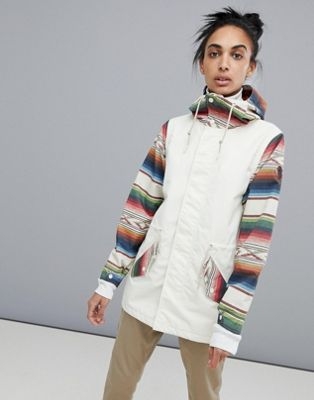 Burton Snowboards Sadie Rain Jacket in White with Canvas Print Sleeves