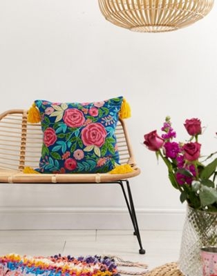 Ian Snow embroidered roses filled cushion with mustard tassels 45cm/45cm