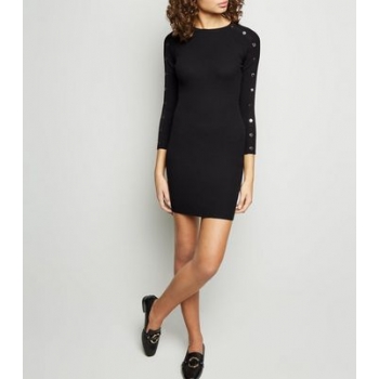 Tokyo Doll Black Ribbed Popper Sleeve Bodycon Dress