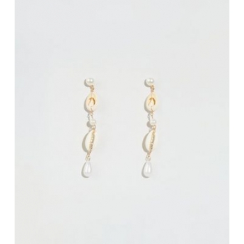 Gold Shell Faux Pearl Drop Earrings