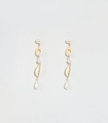 Gold Shell Faux Pearl Drop Earrings