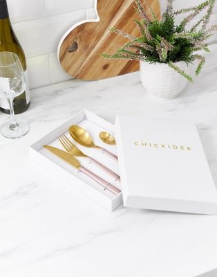 Chickidee matte gold & pink cutlery set