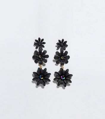 Black 3 Drop Flower Earrings