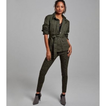 Khaki Leopard Print Zip Trim Slim Leg Trousers