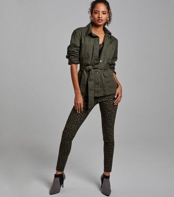 Khaki Leopard Print Zip Trim Slim Leg Trousers