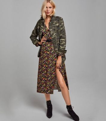 Black Ditsy Floral Midi Wrap Dress