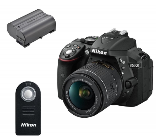 NIKON D5300 DSLR Camera with DX 18-55 mm f/3.5-5.6G VR Lens, Remote & Batteries + Extreme Plus Class 10 SDXC Memory Card - 64 GB + VAEC01K20 DSLR Accessory Kit