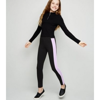 Girls Lilac and Black Contrast Side Stripe Leggings