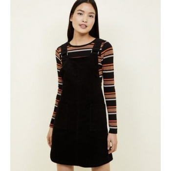 Black Corduroy Square Buckle Pinafore Dress