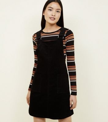 Black Corduroy Square Buckle Pinafore Dress