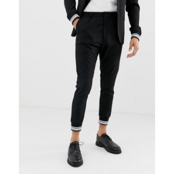 Solid smart suit trouser with stripe cuff ankle in black