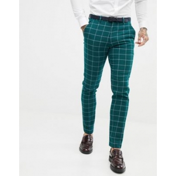 ASOS DESIGN skinny suit trousers in forest green windowpane check