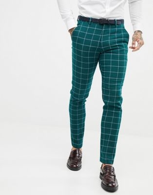 ASOS DESIGN skinny suit trousers in forest green windowpane check