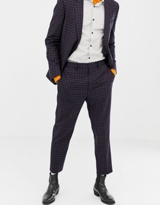 ASOS DESIGN wedding tapered suit trousers in navy and orange grid check