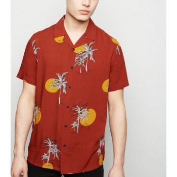 Rust Sun Palm Print Revere Collar Shirt