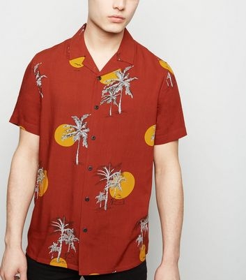 Rust Sun Palm Print Revere Collar Shirt