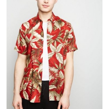 Red Leaf Print Revere Collar Shirt