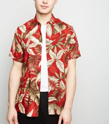 Red Leaf Print Revere Collar Shirt