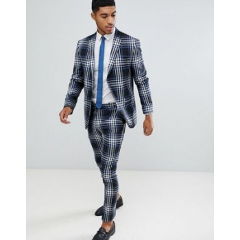 boohooMAN skinny fit large check suit trousers in blue