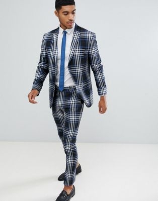 boohooMAN skinny fit large check suit trousers in blue