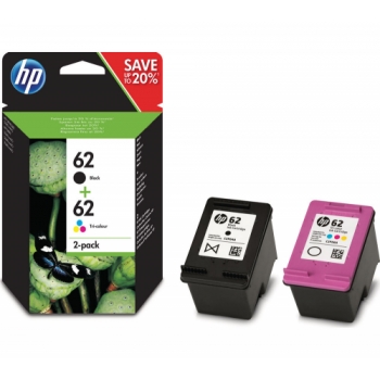 HP 62 Black & Tri-colour Ink Cartridges - Twin Pack + 100 x 150 mm Photo Paper - 30 Sheets