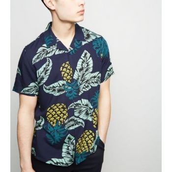 Blue Pineapple Print Revere Collar Shirt