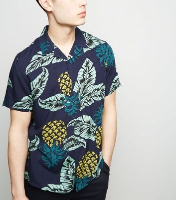 Blue Pineapple Print Revere Collar Shirt