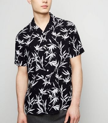 Black Bamboo Print Revere Collar Shirt