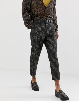 ASOS EDITION slim suit trousers in gold and black floral jacquard