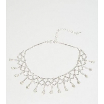 Silver Premium Diamanté Drop Choker Necklace