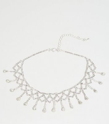 Silver Premium Diamanté Drop Choker Necklace