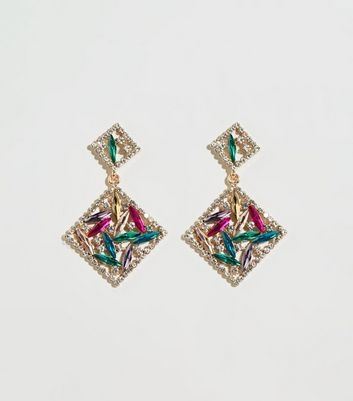 Gold Premium Rainbow Gem Drop Earrings