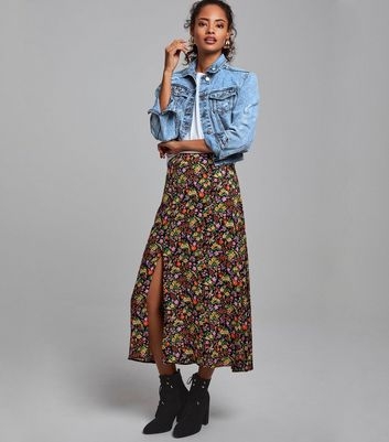 Black Ditsy Floral Midi Skirt