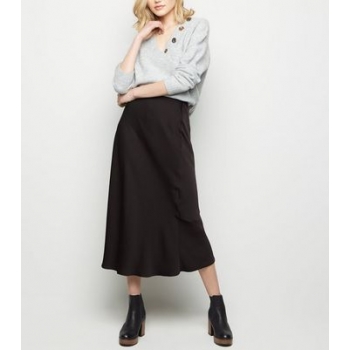 Black Satin Bias Cut Midi Skirt