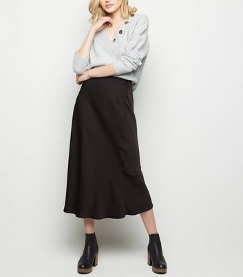 Black Satin Bias Cut Midi Skirt