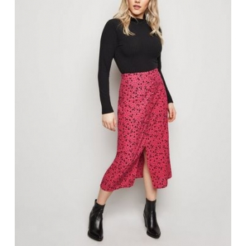 Petite Bright Pink Button Front Floral Midi Skirt