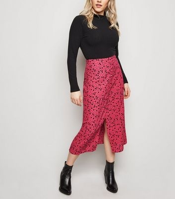 Petite Bright Pink Button Front Floral Midi Skirt