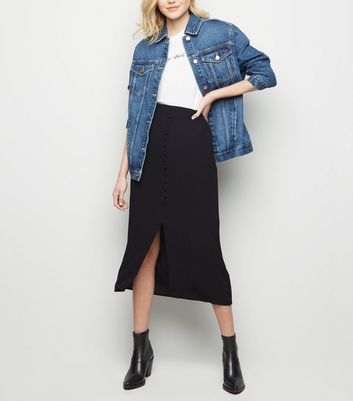 Black Button Front Midi Skirt