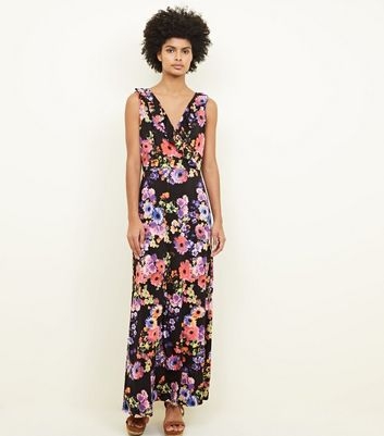 Mela Black Floral Frill Trim Maxi Dress