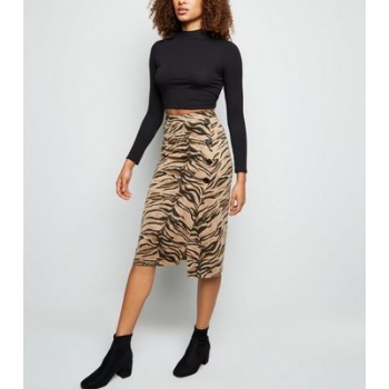 Brown Tiger Print Button Side Pencil Skirt